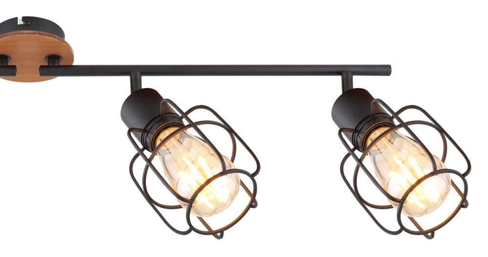 Lampa sufitowa z czterema regulowanymi oprawkami w kolorze czarnym, wykonana z metalu i brązowego drewna. Każda oprawka otoczona jest metalową kratką, a w środku znajduje się żarówka.