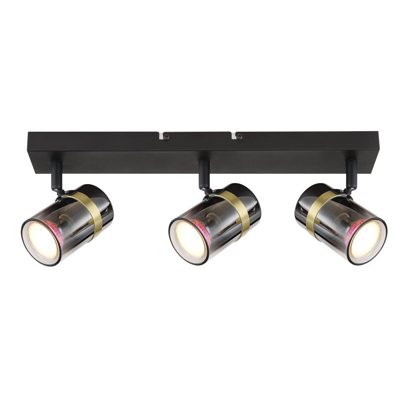 Lampa sufitowa z trzema reflektorami w czarnym matowym kolorze, z przydymionym szkłem i mosiężnymi elementami. Reflektory są zamontowane na prostokątnej listwie.