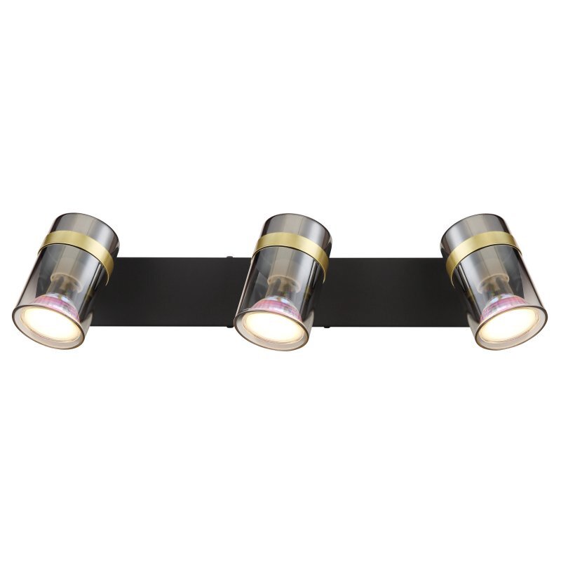 Lampa sufitowa z trzema reflektorami, wykonana z czarnego matowego metalu, przydymionego szkła i mosiądzu. Każdy reflektor ma cylindryczny kształt i jest zamontowany na prostokątnej podstawie.