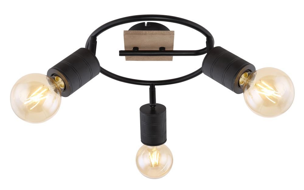 Lampa sufitowa z trzema żarówkami w oprawach z ciemnobrązowego drewna i czarnego metalu, zamontowana na okrągłej podstawie. Reflektory są regulowane, a całość ma nowoczesny design.