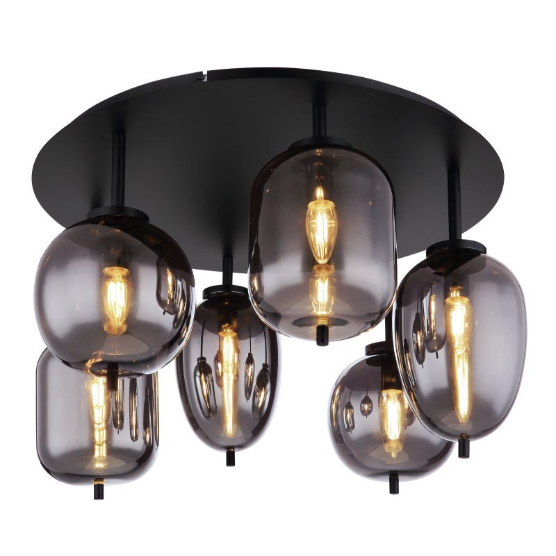 Lampa sufitowa z sześcioma żarówkami umieszczonymi w przydymionych szklanych kloszach, zamontowana na czarnej matowej podstawie. Klosze mają owalny kształt i emitują ciepłe światło.