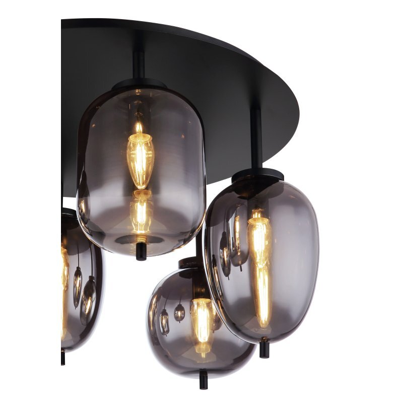 Lampa sufitowa z trzema przydymionymi szklanymi kloszami, każdy z widoczną żarówką wewnątrz. Konstrukcja jest w kolorze czarnym matowym.