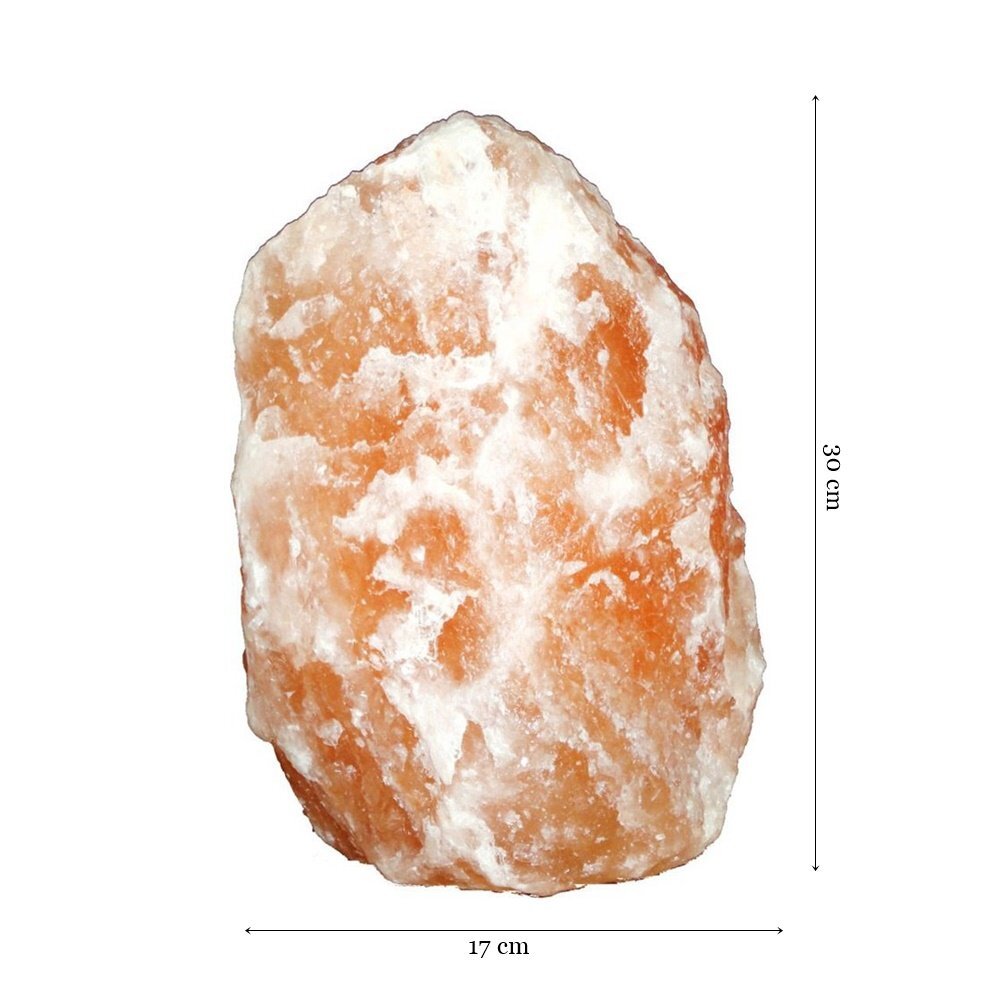 Obraz przedstawia bryłę soli o nieregularnym kształcie, w kolorze pomarańczowo-białym. Obok bryły widoczne są wymiary: 30 cm wysokości i 17 cm szerokości.