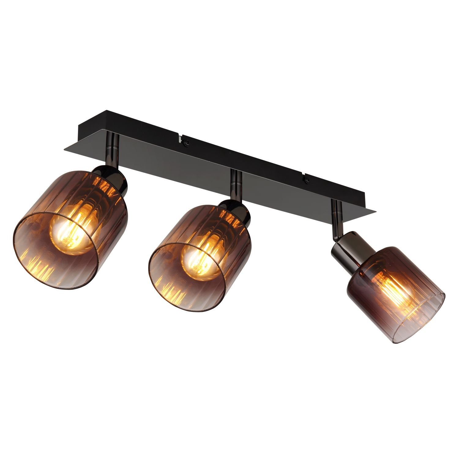 Na obrazie widoczna jest lampa reflektorowa z trzema punktami świetlnymi, każdy z nich ma szklany klosz w kolorze brązowym. Lampa jest zamontowana na prostokątnej, czarnej podstawie.