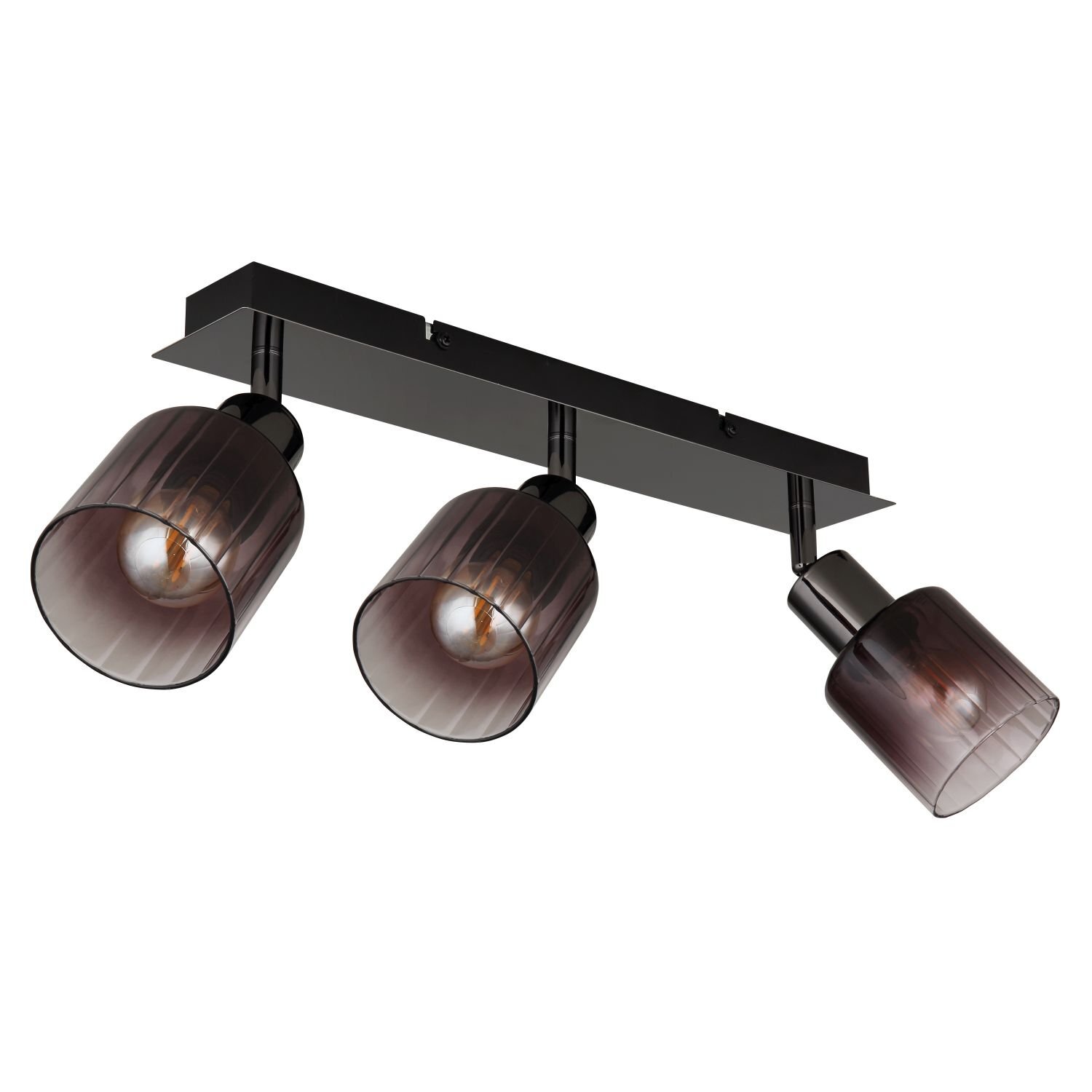 Na obrazie widoczna jest lampa reflektorowa z trzema punktami świetlnymi, zamontowana na prostokątnej, czarnej podstawie. Każdy reflektor ma ciemny, przezroczysty klosz o cylindrycznym kształcie.