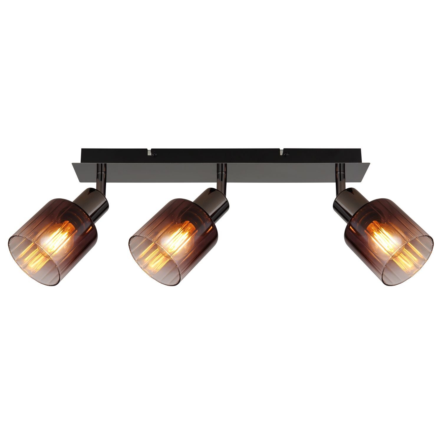 Na obrazie widoczna jest lampa reflektorowa z trzema punktami świetlnymi, każdy z przezroczystym, brązowym kloszem. Lampa zamontowana jest na prostokątnej, czarnej podstawie.