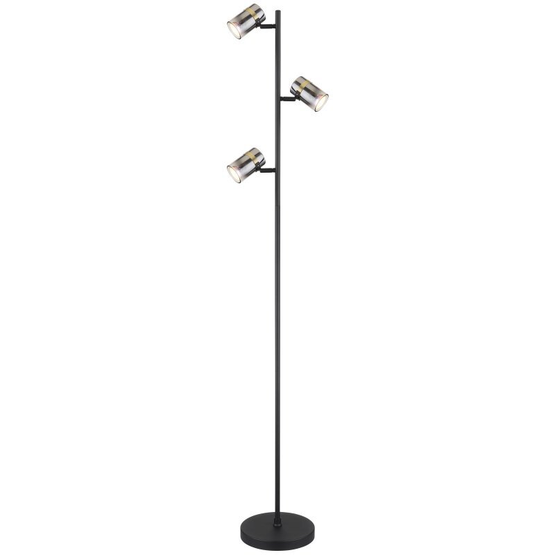 Czarna lampa podłogowa z dwoma reflektorkami na pionowym stelażu i okrągłą podstawą. Lampa ma nowoczesny design i jest przeznaczona do oświetlenia wnętrz.