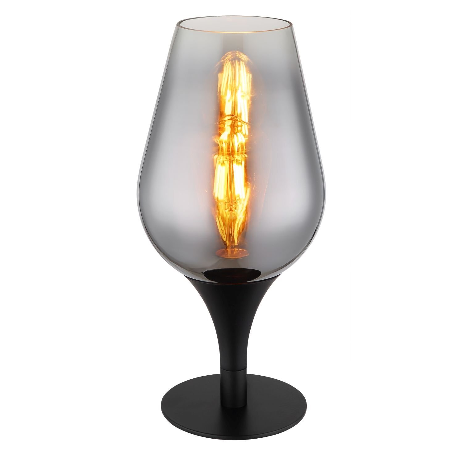 Lampa stołowa o kształcie kielicha z ciemnym kloszem i widoczną żarówką emitującą ciepłe światło. Podstawa lampy jest czarna i smukła.