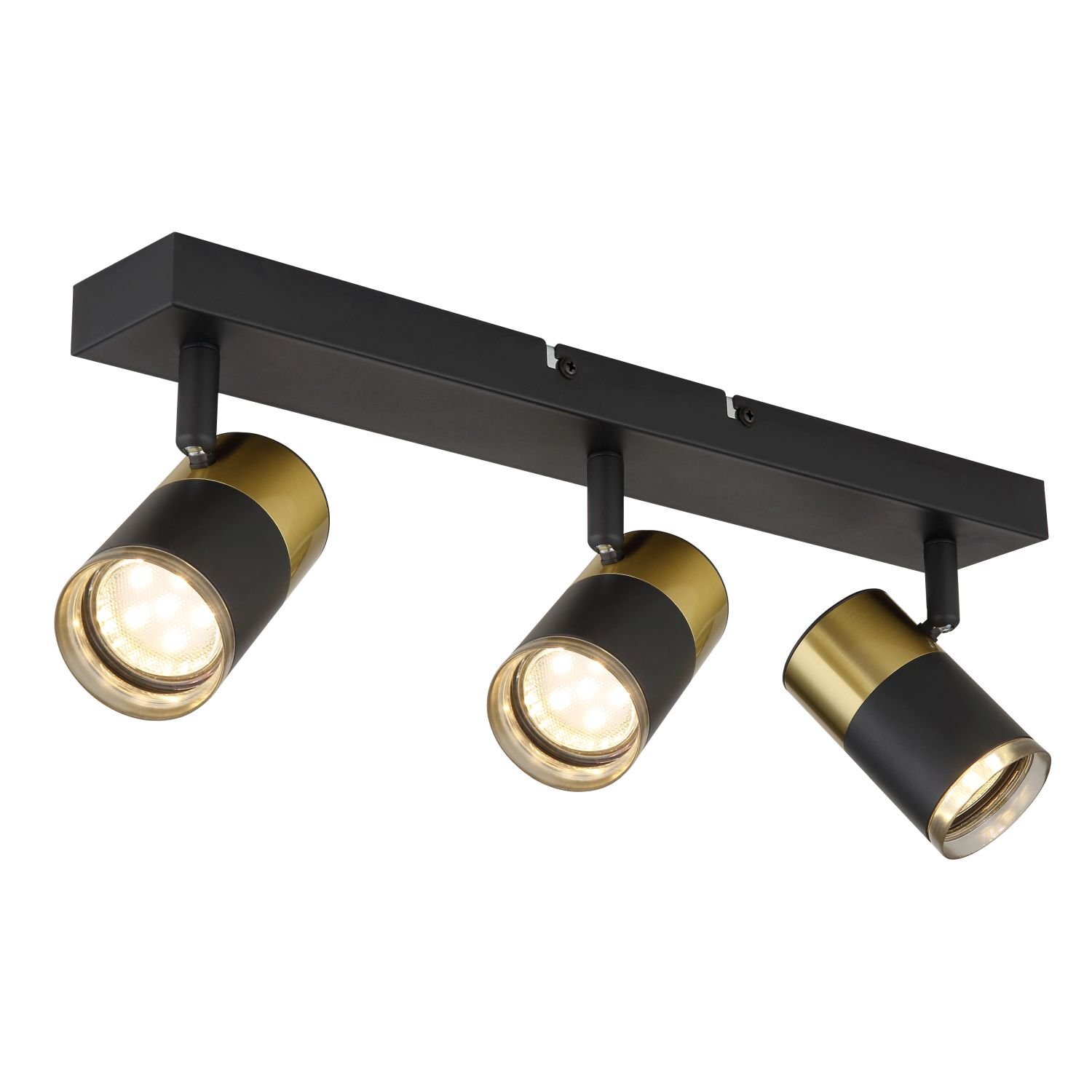 Lampa sufitowa z trzema regulowanymi reflektorami w kolorze czarno-złotym, zamontowana na prostokątnej listwie. Każdy reflektor ma cylindryczny kształt i emituje jasne światło.