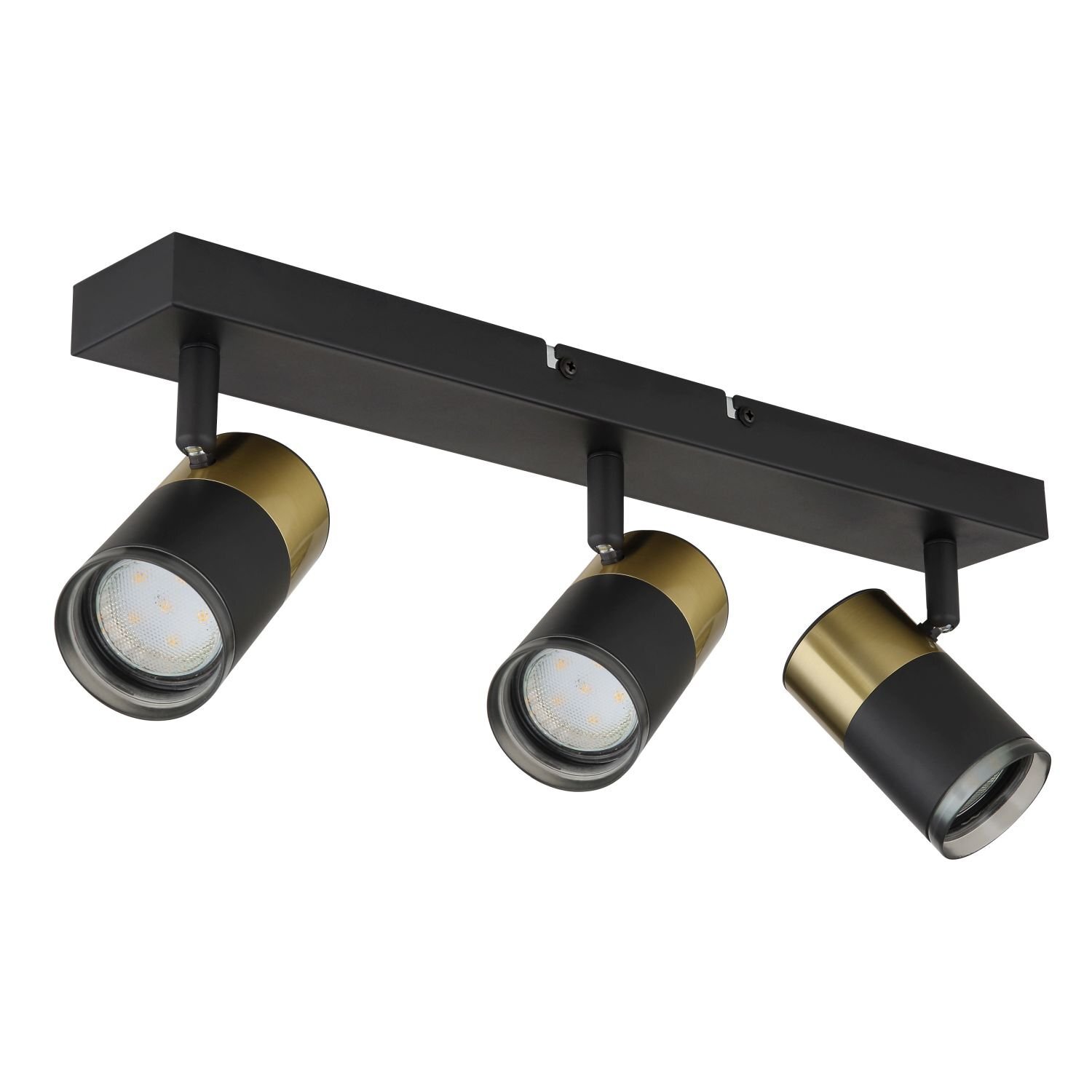 Lampa sufitowa z trzema regulowanymi reflektorami w kolorze czarno-złotym, zamontowana na prostokątnej listwie.