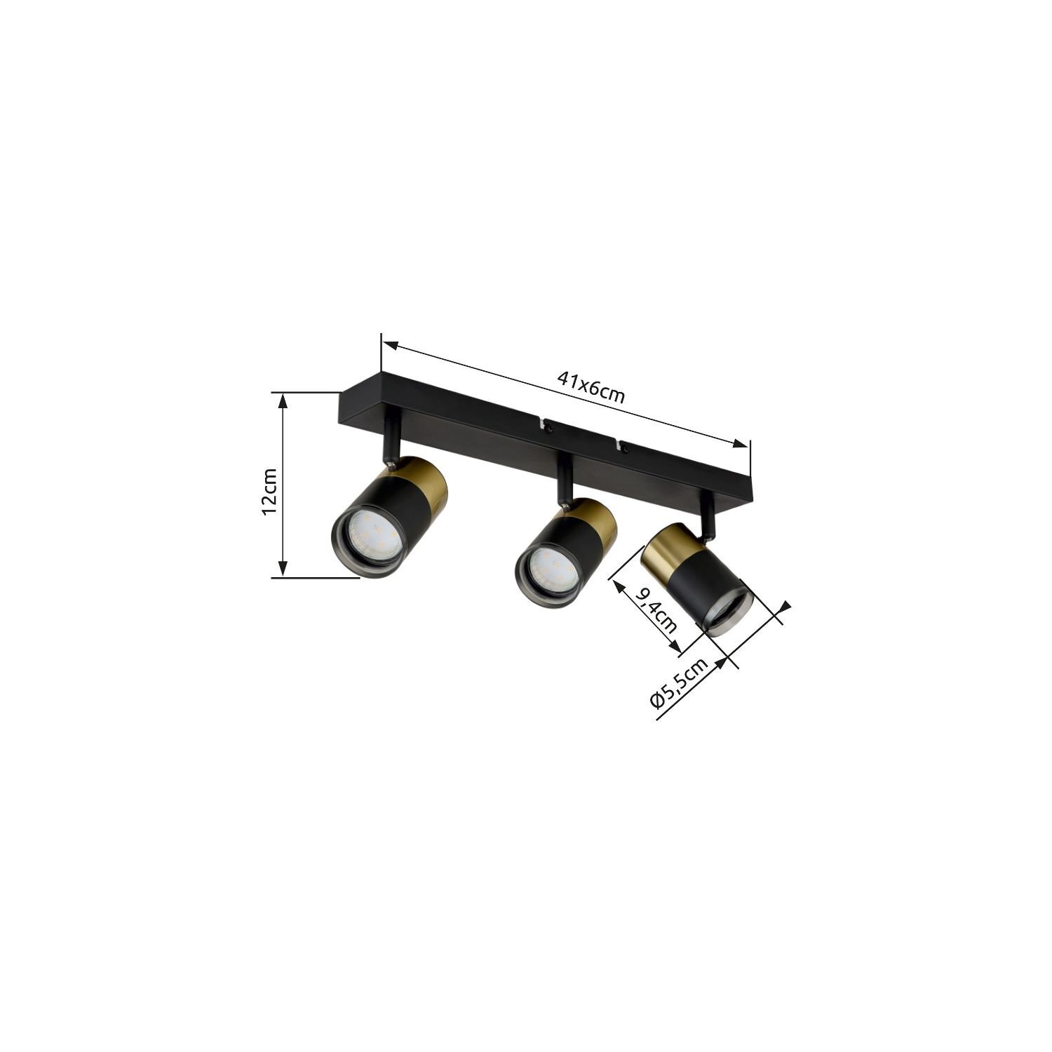 Na obrazie widoczna jest czarna lampa sufitowa z trzema regulowanymi reflektorami. Wymiary lampy to 41x6 cm, wysokość 12 cm, długość reflektorów 9,4 cm, a średnica 5,5 cm.