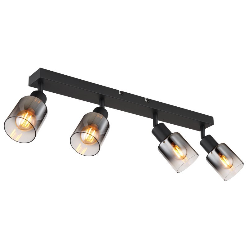 Czarna matowa lampa sufitowa z czterema regulowanymi reflektorami, każdy z przydymionym szklanym kloszem i widoczną żarówką wewnątrz.