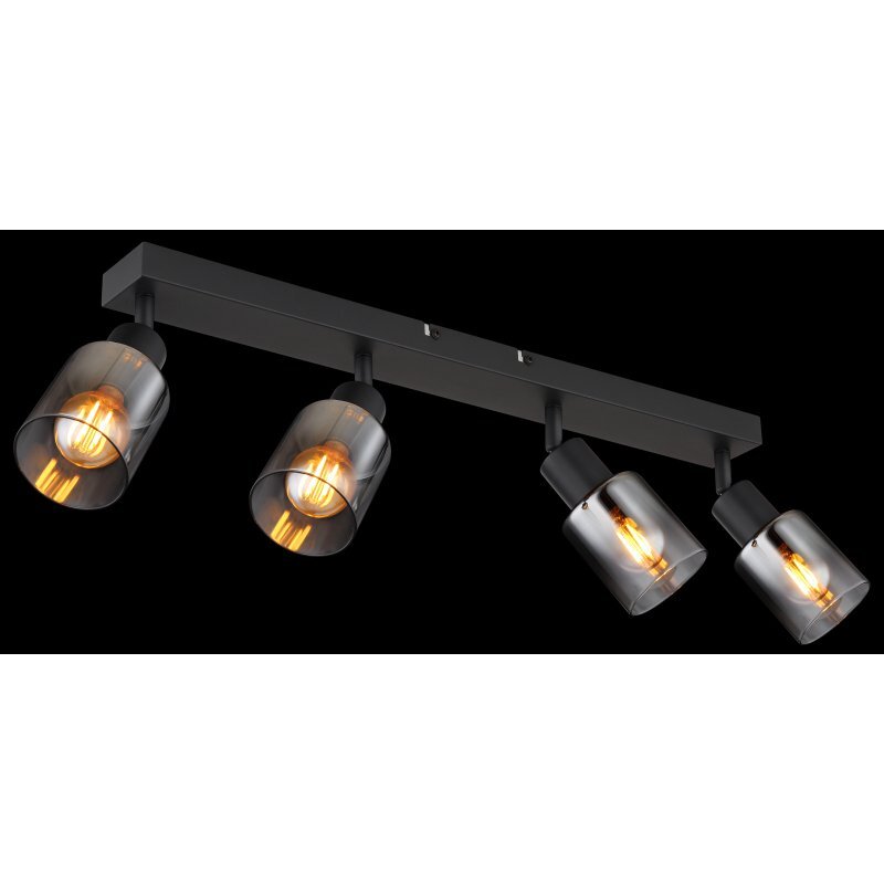 Czarna matowa lampa sufitowa z czterema regulowanymi reflektorami, każdy z przydymionym szklanym kloszem i widocznymi żarówkami E14.