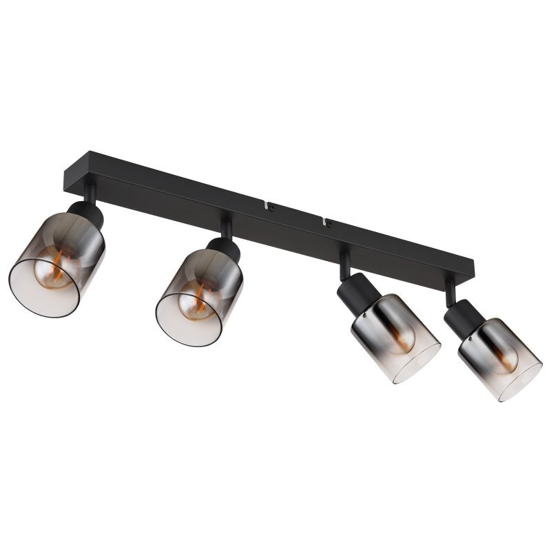 Lampa sufitowa z czterema regulowanymi reflektorami w czarnym matowym wykończeniu, z przydymionymi szklanymi kloszami. Każdy klosz mieści żarówkę typu E14.