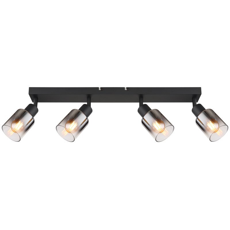 Czarna matowa lampa sufitowa z czterema regulowanymi reflektorami, każdy z przydymionym szklanym kloszem. Żarówki są widoczne wewnątrz kloszy.