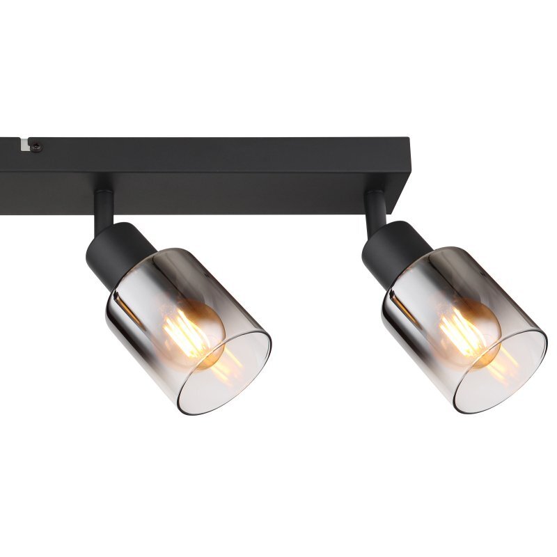 Czarna matowa lampa sufitowa z dwoma szklanymi kloszami o przydymionym wyglądzie, w których widoczne są żarówki. Lampa jest zamontowana na prostokątnej podstawie.