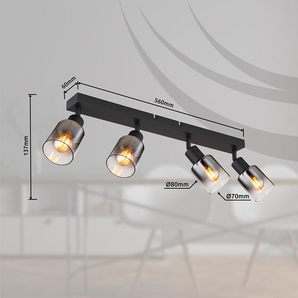 Na obrazie widoczna jest czarna matowa lampa sufitowa z czterema źródłami światła, każde z przydymionym szklanym kloszem. Wymiary lampy to 560 mm długości, 137 mm wysokości, a średnice kloszy to 80 mm i 70 mm.