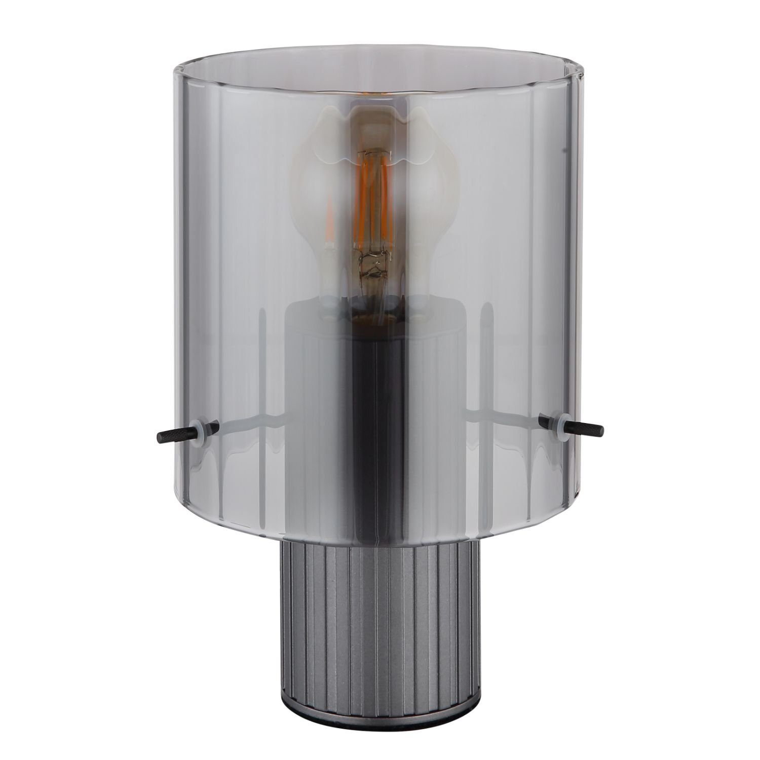 Lampa stołowa z przezroczystym, ryflowanym kloszem i widoczną żarówką wewnątrz. Podstawa lampy jest metaliczna i żebrowana.