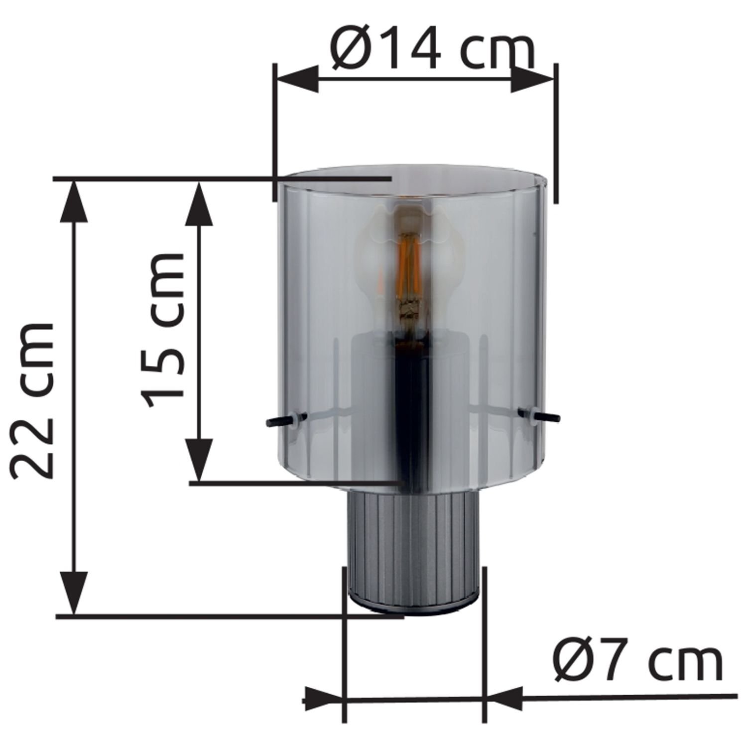 Obraz przedstawia lampę stołową z przezroczystym, ryflowanym kloszem. Wymiary lampy to: wysokość 22 cm, średnica klosza 14 cm, średnica podstawy 7 cm.