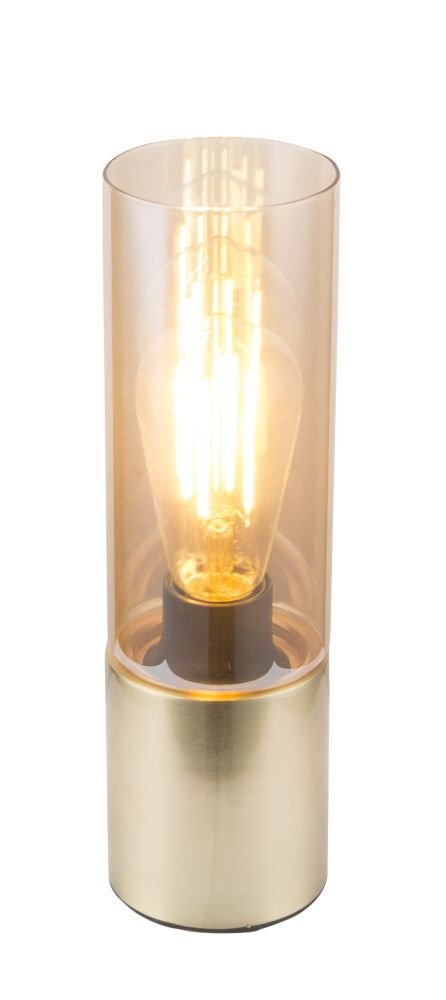Złota lampa stołowa z bursztynowym szklanym kloszem, w której widoczna jest żarówka. Podstawa lampy jest metaliczna i cylindryczna.