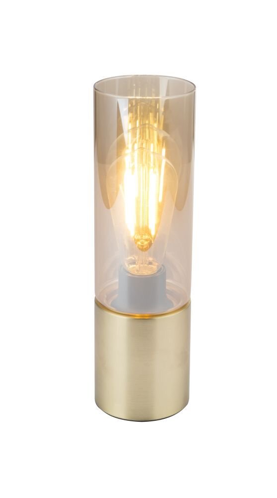 Lampa stołowa z cylindrycznym kloszem z bursztynowego szkła i złotą podstawą. Wewnątrz widoczna jest żarówka emitująca ciepłe światło.