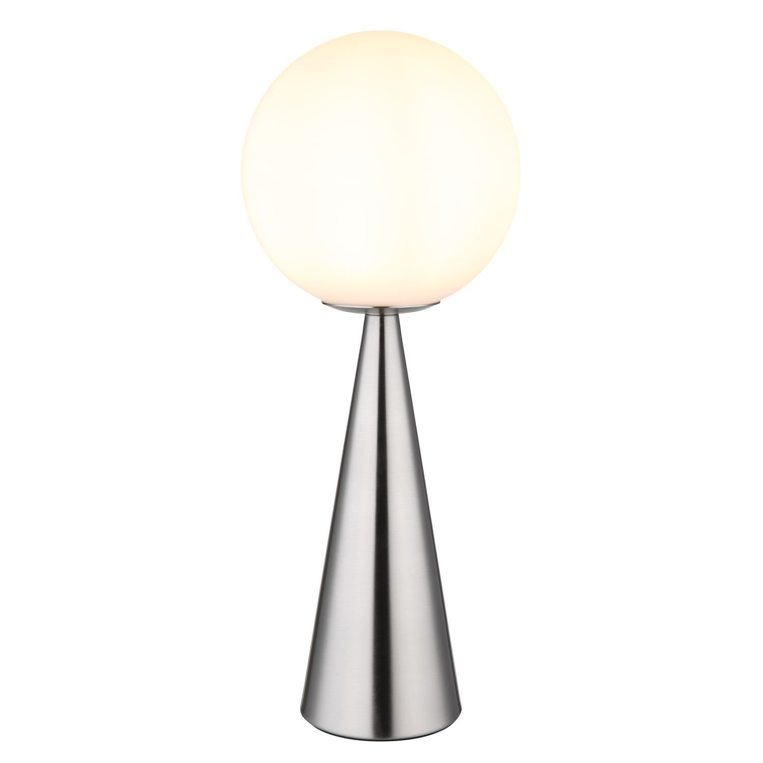 Lampa stołowa z kulistym, białym kloszem na stożkowej, metalicznej podstawie. Nowoczesny design, odpowiednia na biurko lub stolik nocny.
