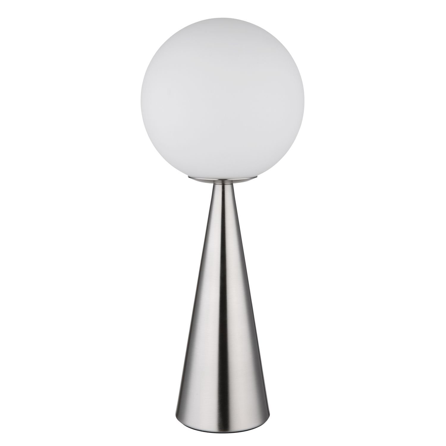 Lampa stołowa z kulistym, białym kloszem i stożkową, metaliczną podstawą. Nowoczesny design, odpowiednia na biurko lub stolik nocny.