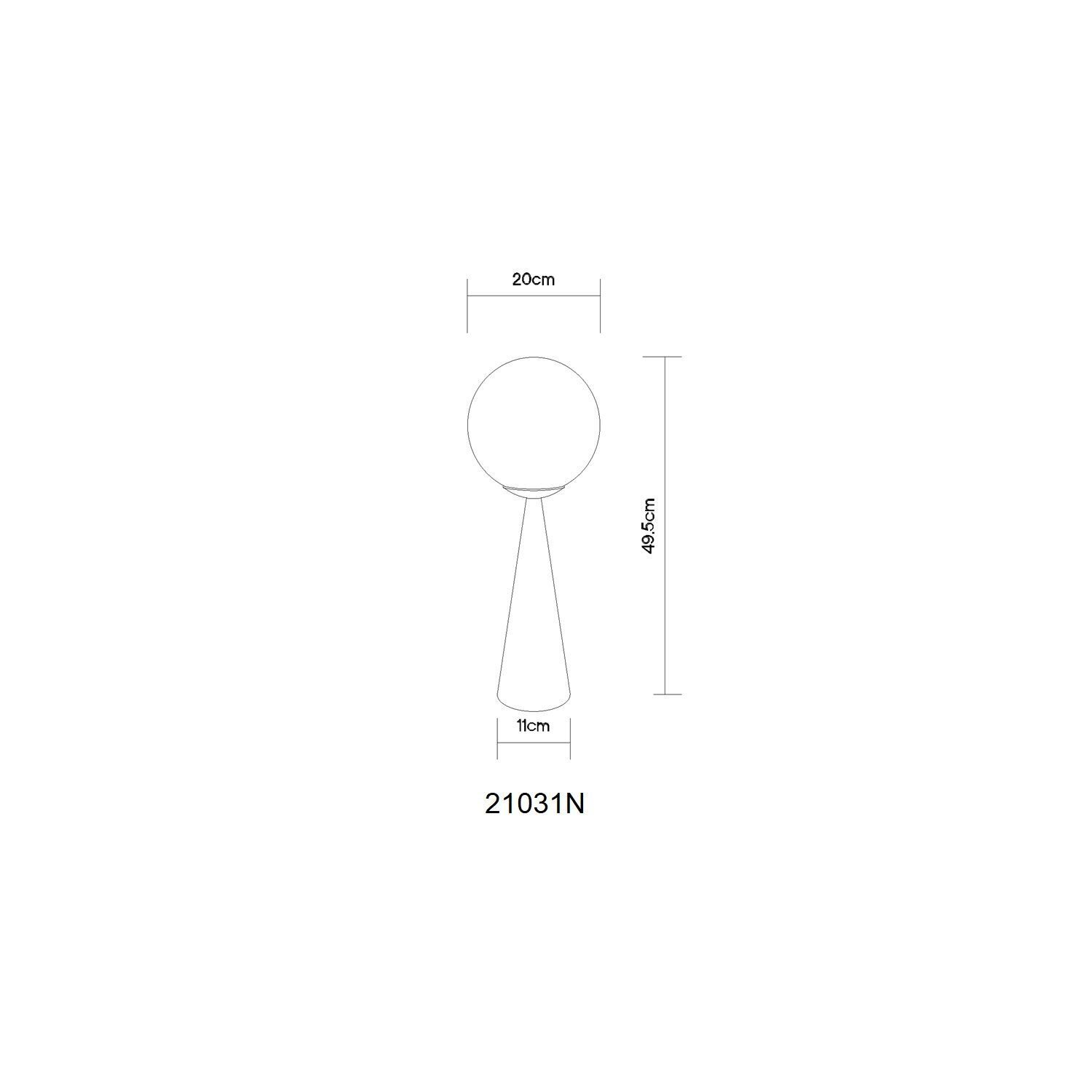 Schemat lampy stołowej z wymiarami: wysokość 49,5 cm, średnica klosza 20 cm, średnica podstawy 11 cm. Widoczny numer modelu: 21031M.