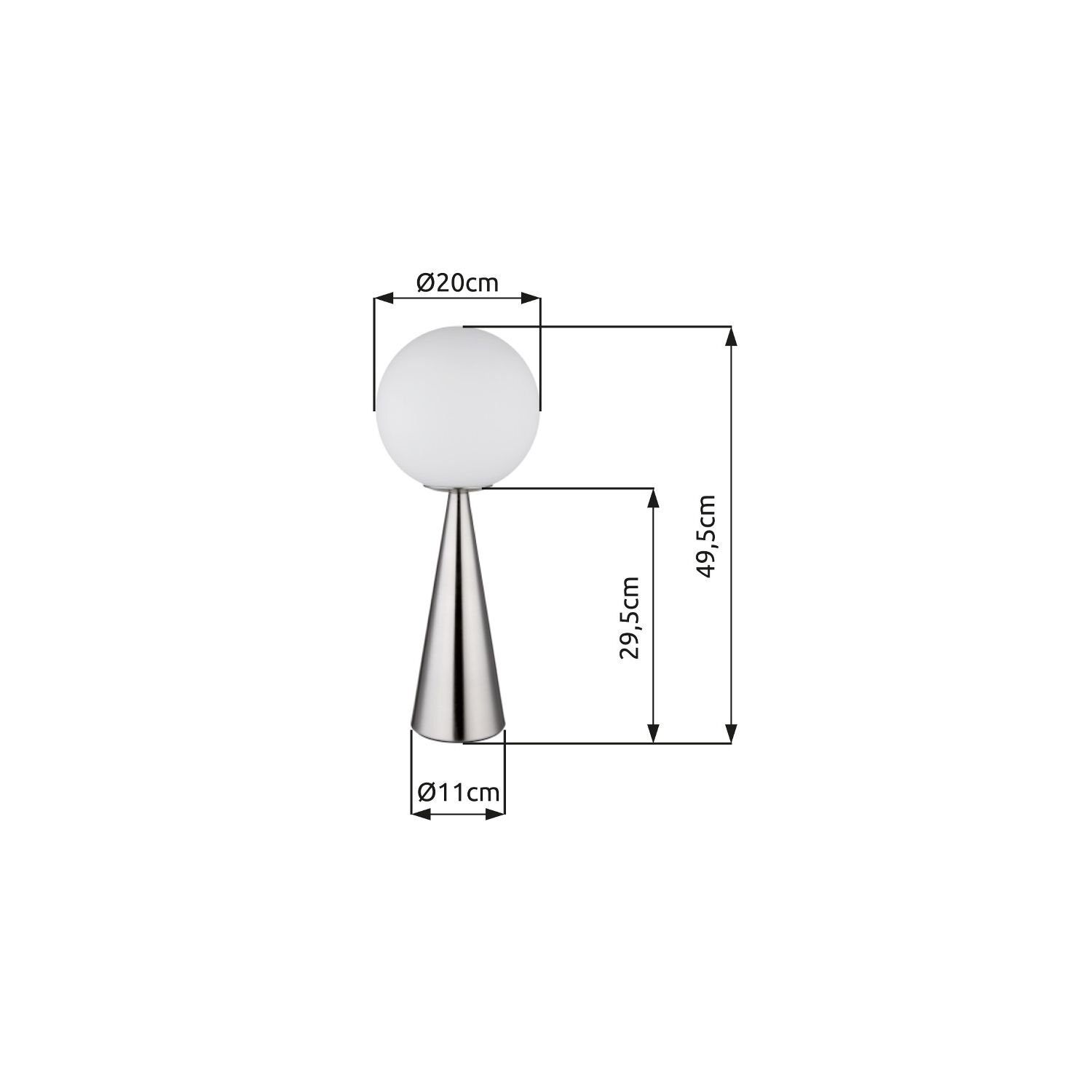 Obraz przedstawia lampę stołową o nowoczesnym designie z kulistym kloszem i stożkową podstawą. Wymiary to: wysokość 49,5 cm, średnica klosza 20 cm, średnica podstawy 11 cm, wysokość podstawy 29,5 cm.