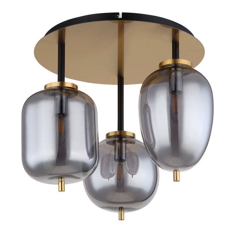 Lampa sufitowa z trzema przydymionymi szklanymi kloszami zamocowanymi na metalowej podstawie. Klosze mają cylindryczny kształt i są zakończone złotymi elementami.