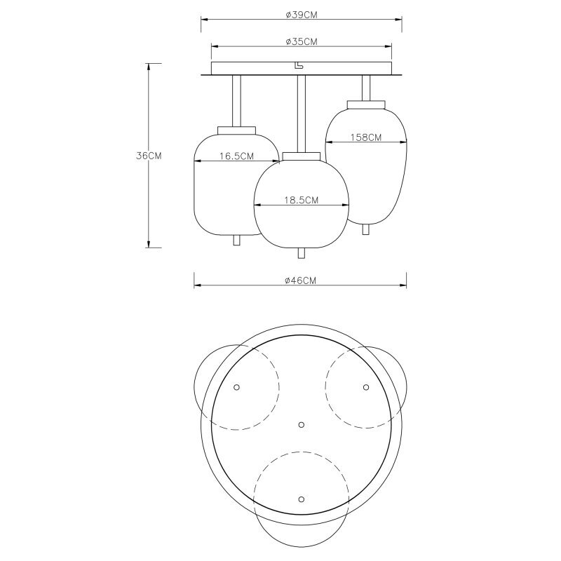 Schemat techniczny lampy sufitowej z trzema kloszami o różnych średnicach: 16.5 cm, 18.5 cm i 15.8 cm. Całkowita średnica lampy wynosi 46 cm, a wysokość 36 cm.
