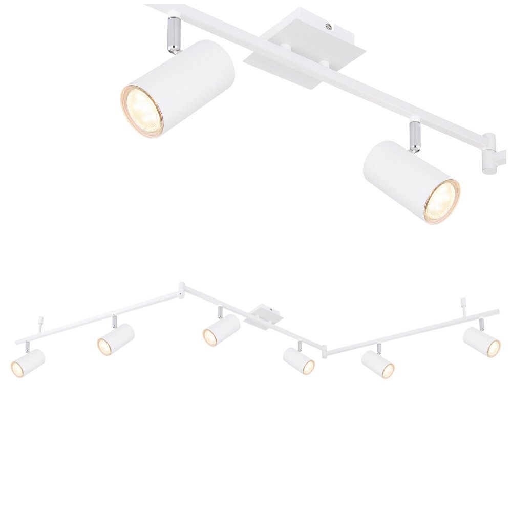 Biała matowa lampa sufitowa z sześcioma regulowanymi reflektorami w kształcie cylindrów, zamontowana na prostych belkach. Każdy reflektor posiada miejsce na żarówkę GU10.
