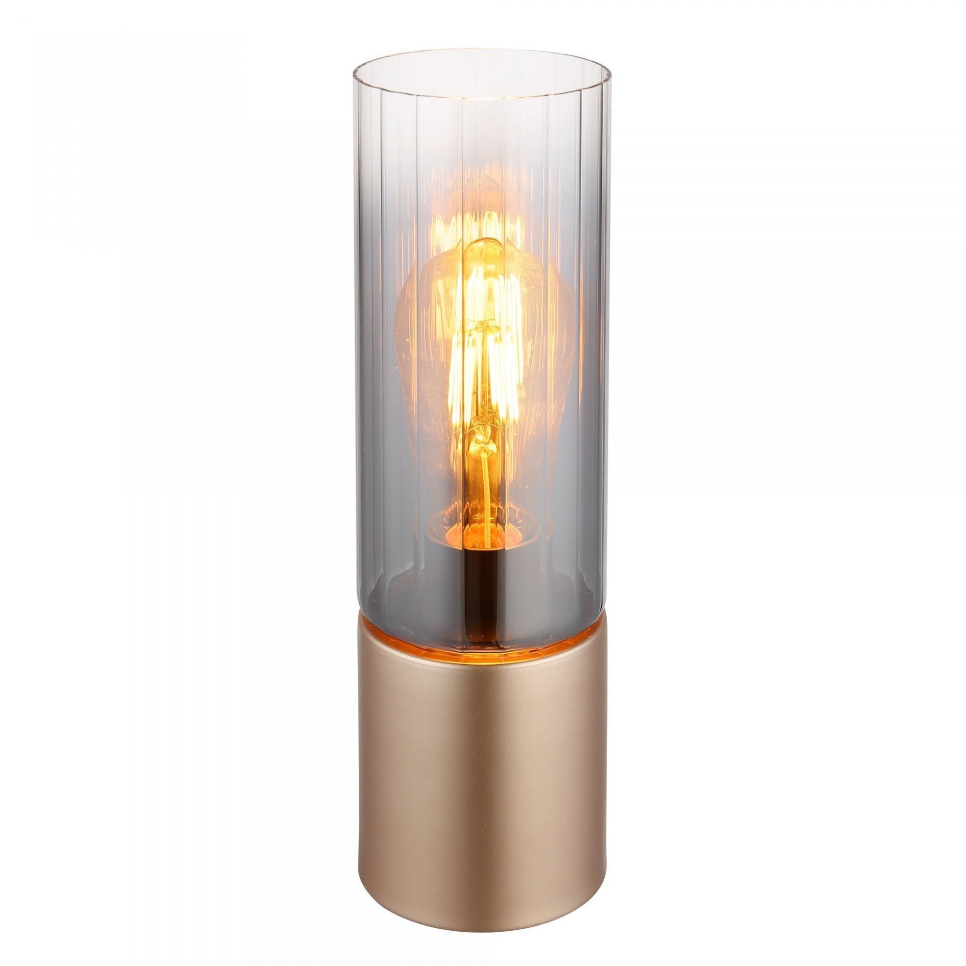 Lampa stołowa z przezroczystym kloszem i widoczną żarówką, osadzona na metalowej podstawie w kolorze złotym.