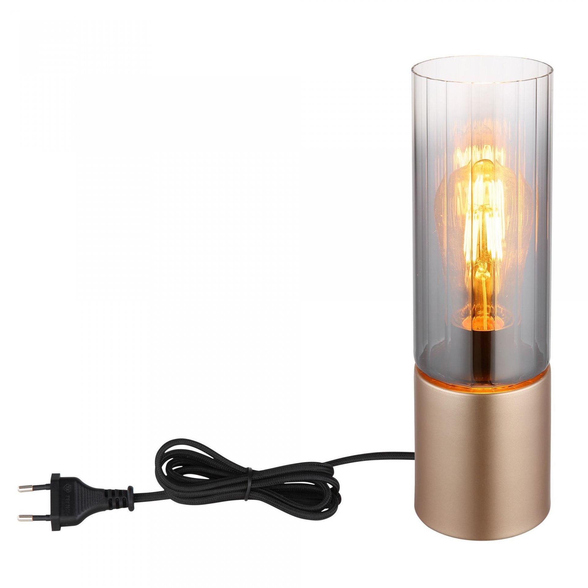 Lampa stołowa z przezroczystym cylindrycznym kloszem, przez który widać żarówkę emitującą ciepłe światło. Podstawa lampy jest metaliczna, a dołączony jest czarny przewód z wtyczką.