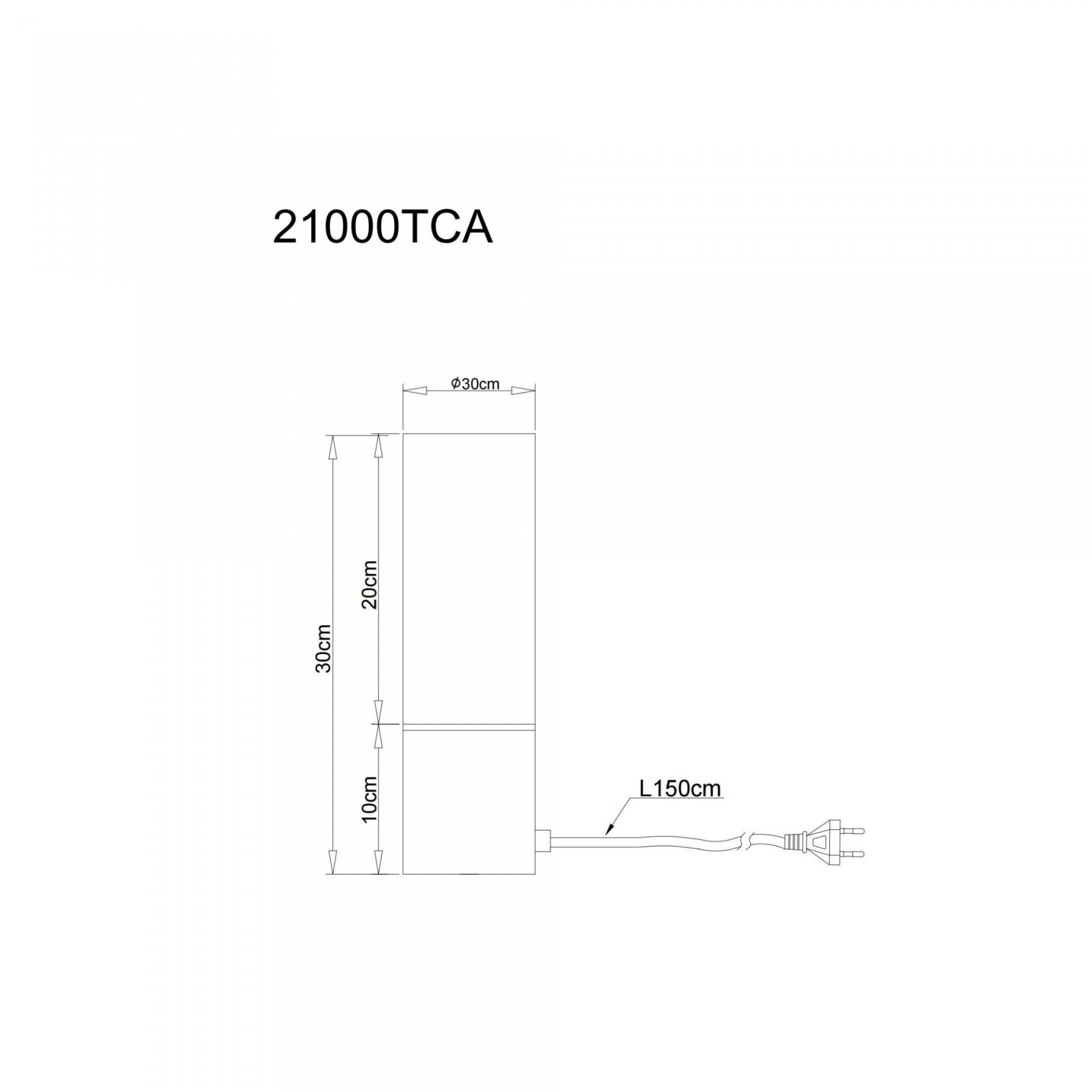 Schemat lampy stołowej z oznaczeniami wymiarów: wysokość 30 cm, średnica 30 cm, długość kabla 150 cm. Widoczny jest tekst \'21000TCA\'.