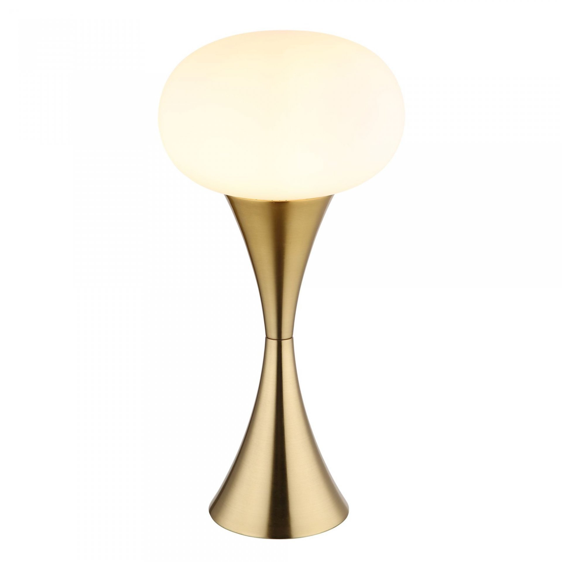 Lampa stołowa z okrągłym, białym kloszem i złotą, stożkową podstawą. Nowoczesny design, brak widocznych elementów sterujących.