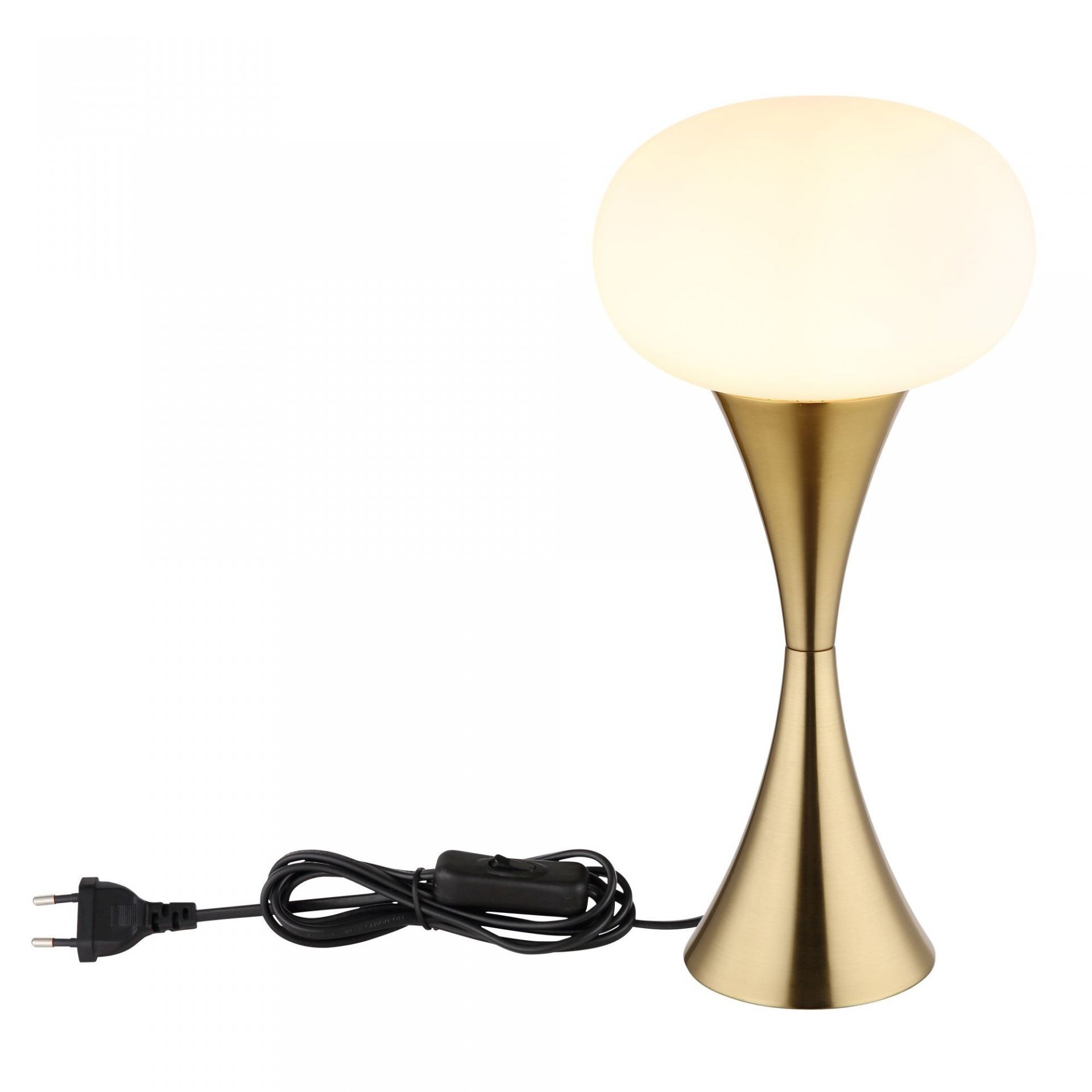 Lampa stołowa z białym, kulistym kloszem i złotą, smukłą podstawą. Do lampy dołączony jest czarny przewód z wtyczką i włącznikiem.