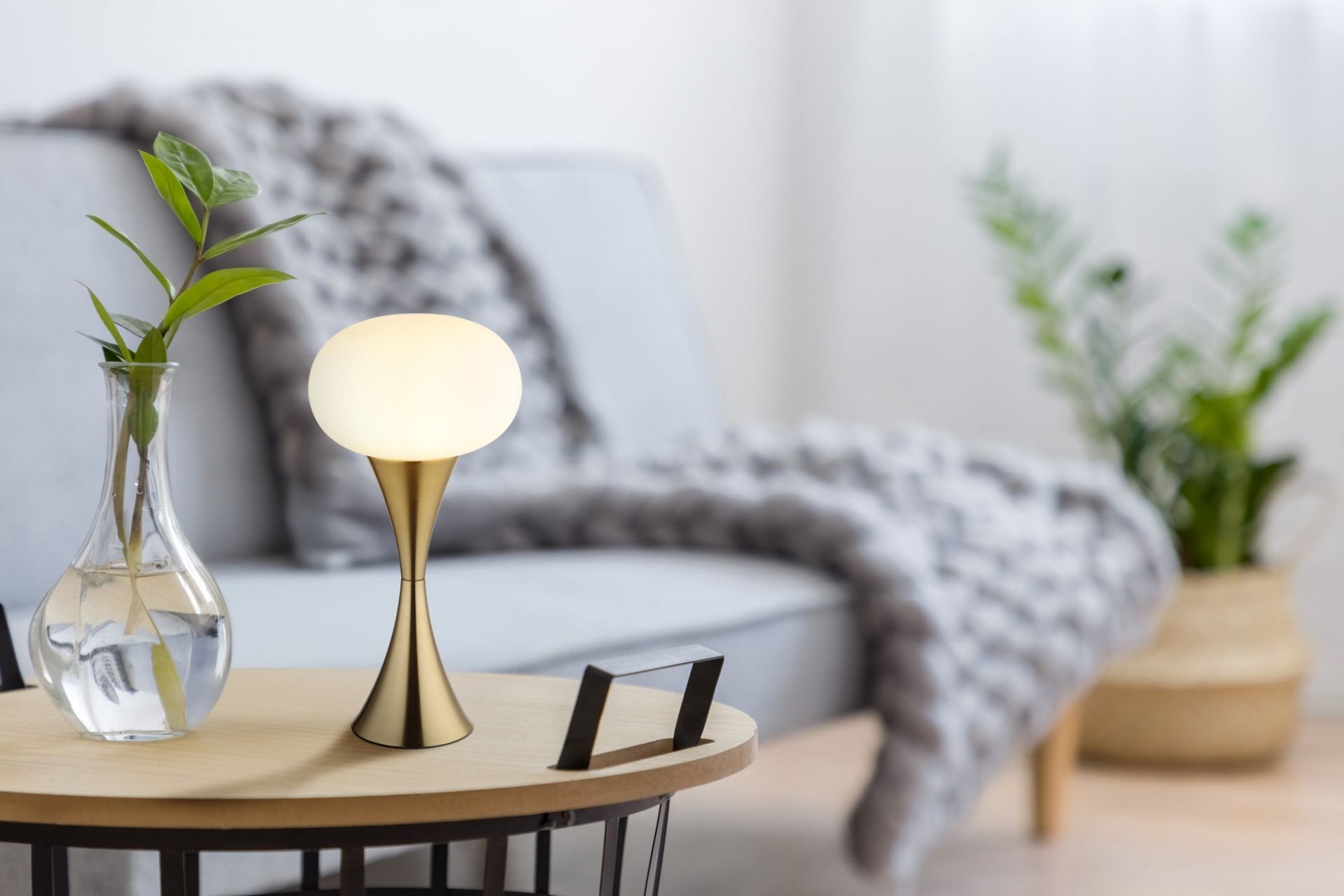 Na stoliku znajduje się nowoczesna lampa stołowa z białym kloszem i złotą podstawą obok szklanej wazy z rośliną. W tle widoczna jest szara sofa z kocem oraz rośliny w doniczkach.