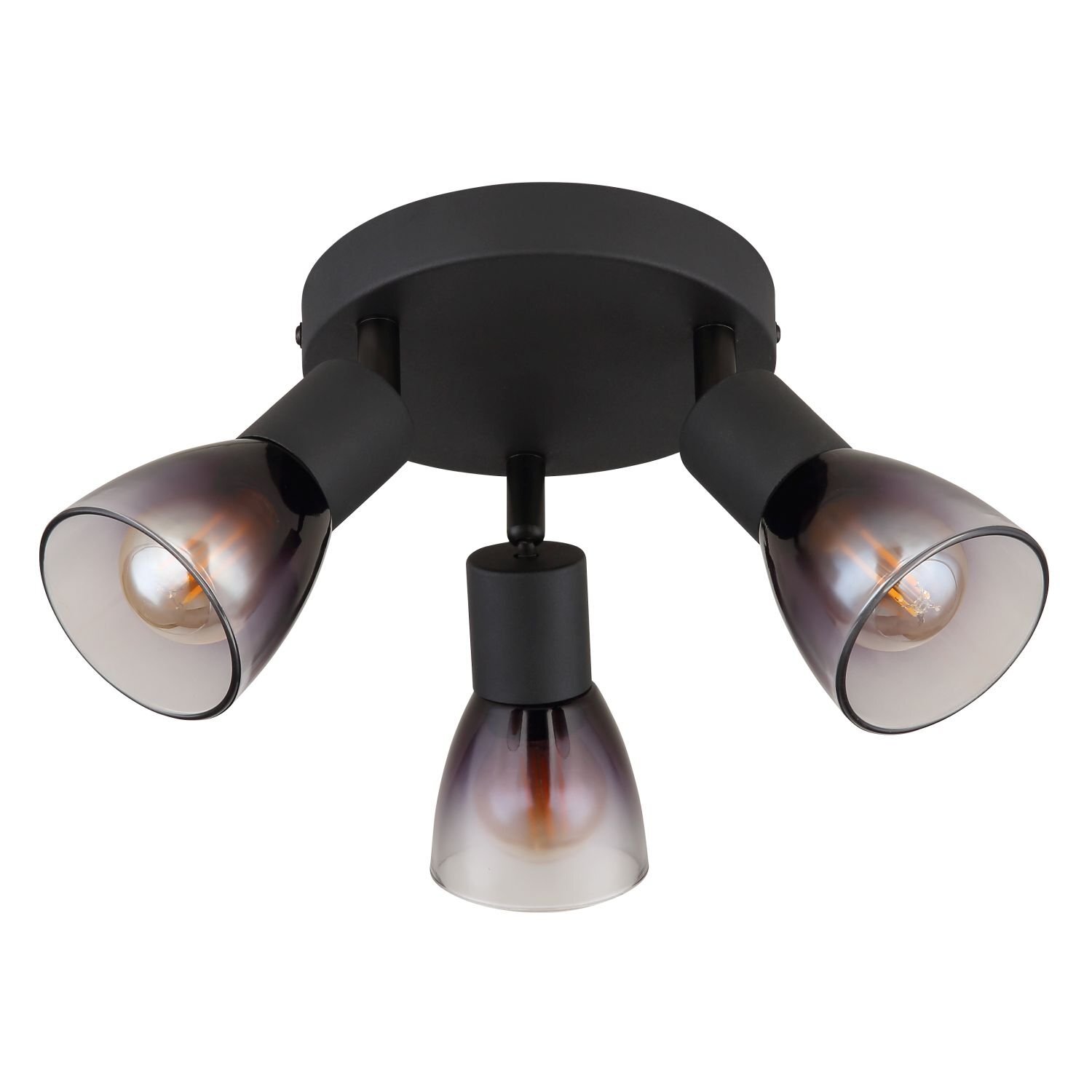 Czarna lampa sufitowa z trzema reflektorami o stożkowym kształcie, każdy z przezroczystym kloszem i widoczną żarówką wewnątrz.