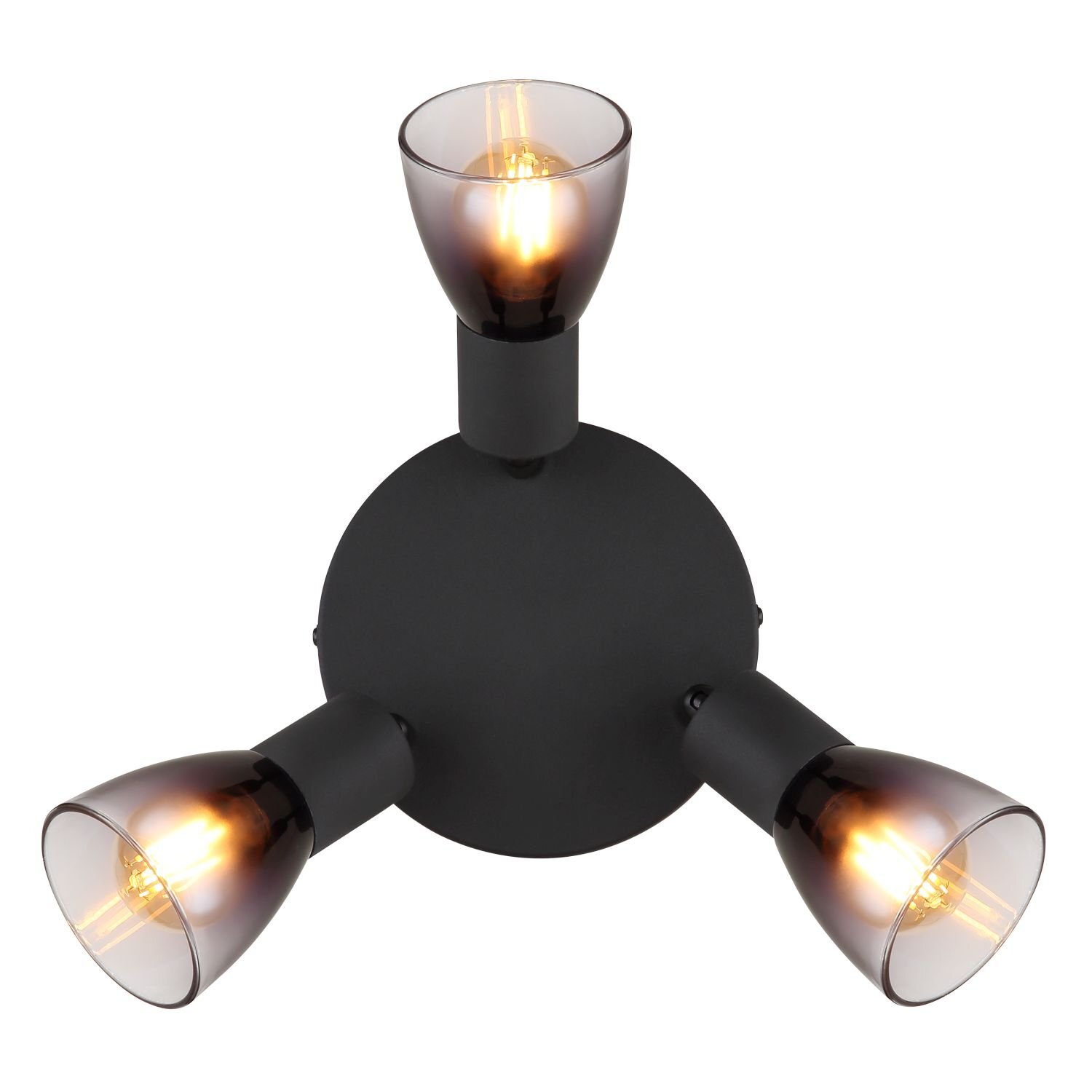 Czarna lampa sufitowa z trzema reflektorami, każdy z przezroczystym kloszem i widoczną żarówką wewnątrz. Reflektory są zamontowane na okrągłej podstawie.