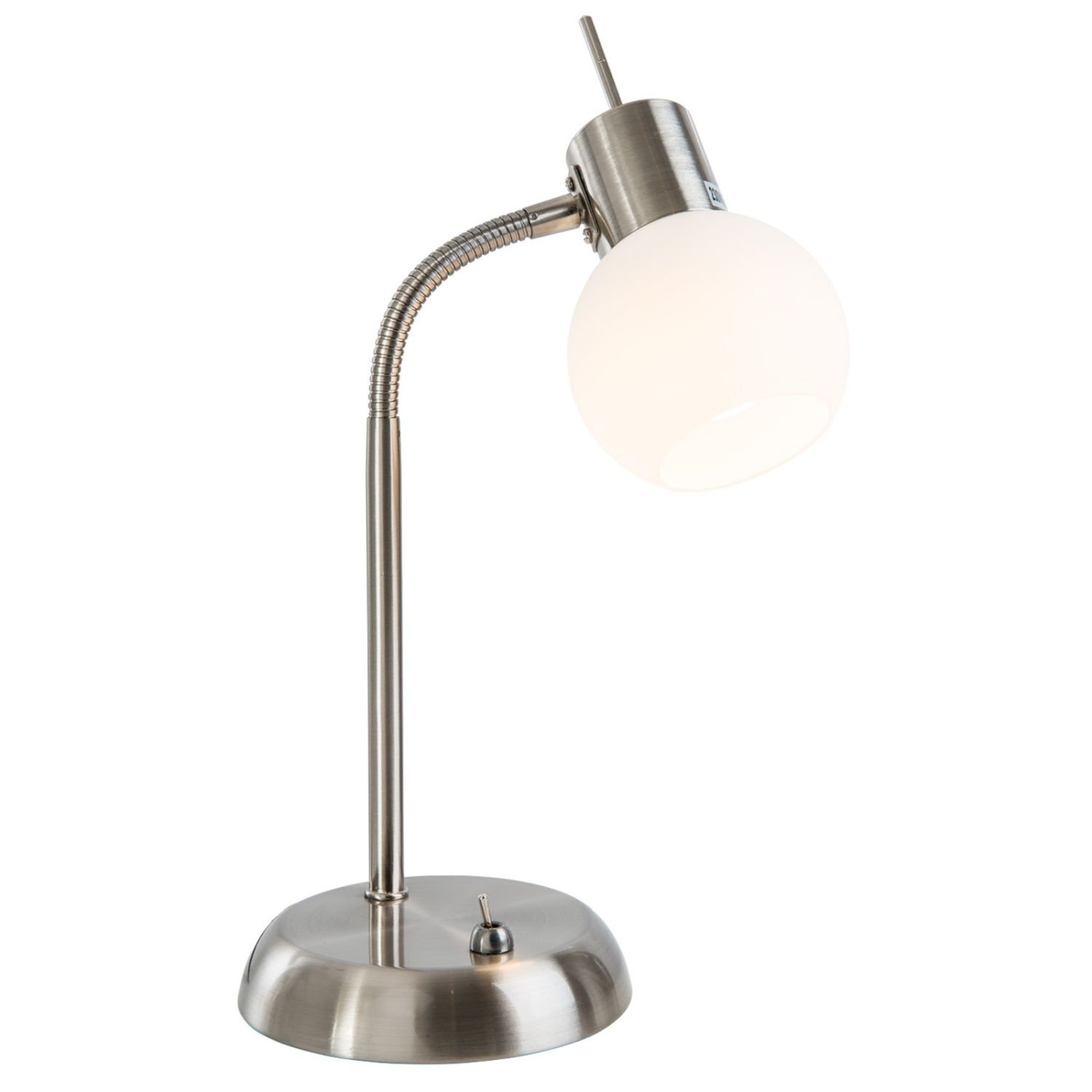 Lampa biurkowa z metalowym korpusem i okrągłym, białym kloszem. Posiada elastyczne ramię i włącznik na podstawie.