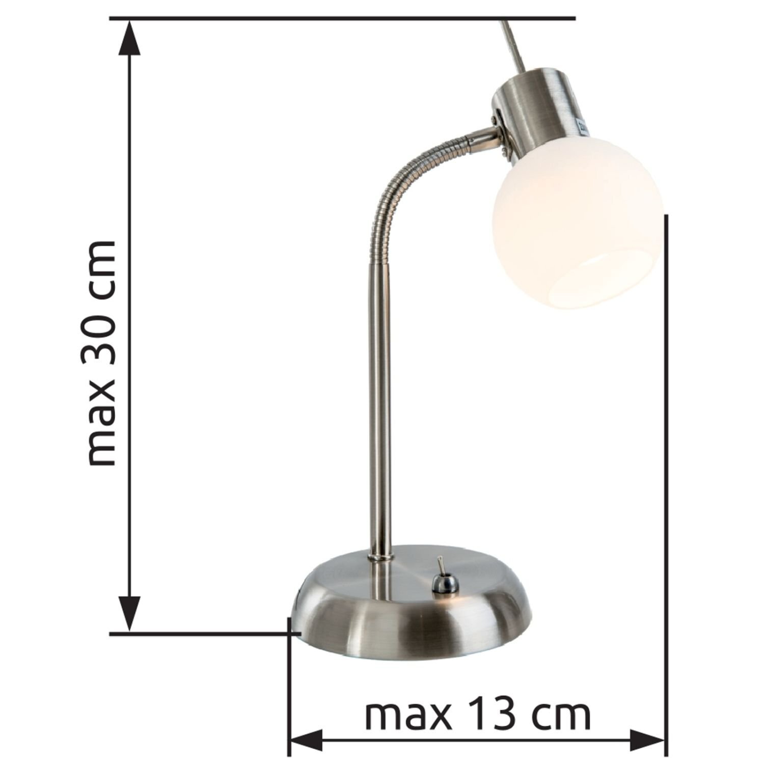 Na obrazie widoczna jest lampa biurkowa z metalową podstawą i białym kloszem. Obok lampy znajdują się wymiary: max 30 cm wysokości i max 13 cm szerokości.