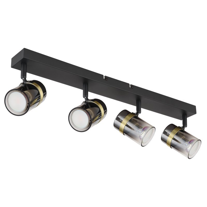Lampa sufitowa z czterema reflektorami w czarnym matowym kolorze, z przydymionym szkłem i mosiężnymi akcentami. Reflektory są zamontowane na prostokątnej listwie.