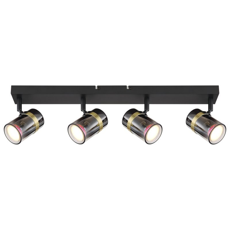 Lampa sufitowa z czterema reflektorami w czarnym matowym wykończeniu, z przydymionym szkłem i mosiężnymi akcentami. Reflektory są zamontowane na prostokątnej podstawie.