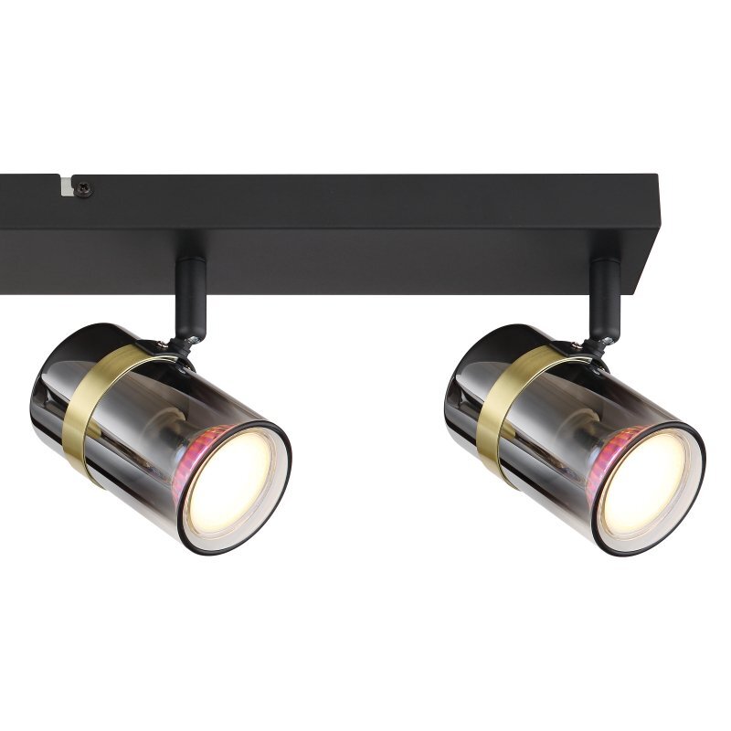 Lampa sufitowa z dwoma reflektorami w czarnym matowym wykończeniu, z przydymionym szkłem i mosiężnymi akcentami. Reflektory są zamontowane na prostokątnej podstawie.