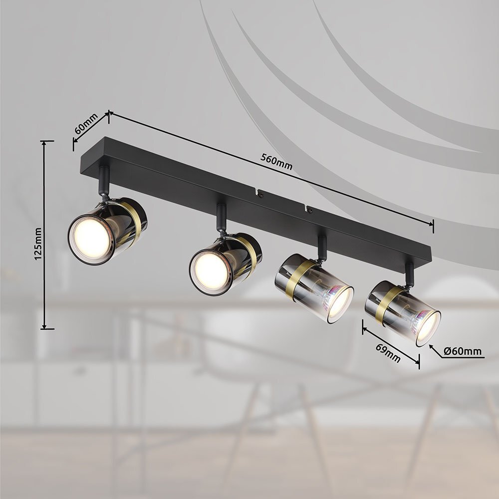 Lampa sufitowa z czterema reflektorami w kolorze czarnym matowym z przydymionym szkłem i mosiężnymi akcentami. Wymiary to 560 mm długości, 125 mm wysokości, a średnica reflektorów wynosi 60 mm.