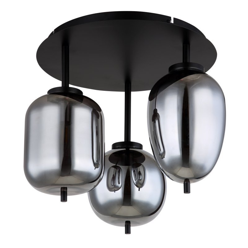 Lampa sufitowa z trzema przydymionymi szklanymi kloszami zamontowanymi na czarnej matowej podstawie. Klosze mają kształt owalny i są równomiernie rozmieszczone wokół centralnego punktu.
