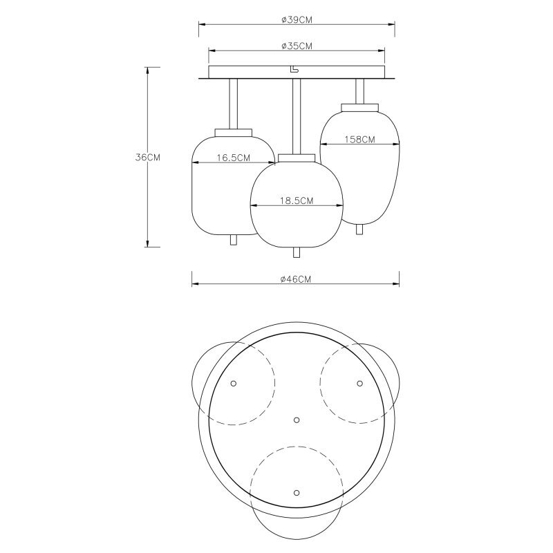 Schemat techniczny lampy sufitowej z trzema kloszami, przedstawiający wymiary: wysokość 36 cm, średnica kloszy 16.5 cm, 15.8 cm i 18.5 cm, oraz całkowita średnica 46 cm. Widoczne są również oznaczenia średnic elementów montażowych: 39 cm i 35 cm.