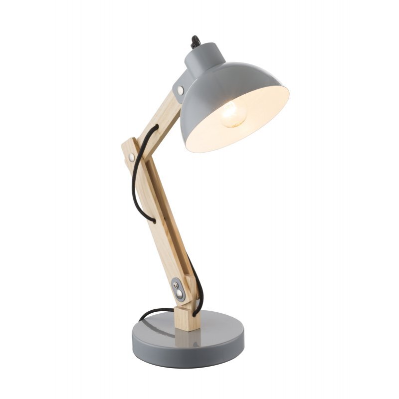 Lampa biurkowa z wysięgnikiem wykonanym z drewna i metalowym kloszem w kolorze szarym. Posiada okrągłą podstawę i czarny kabel z wyłącznikiem.