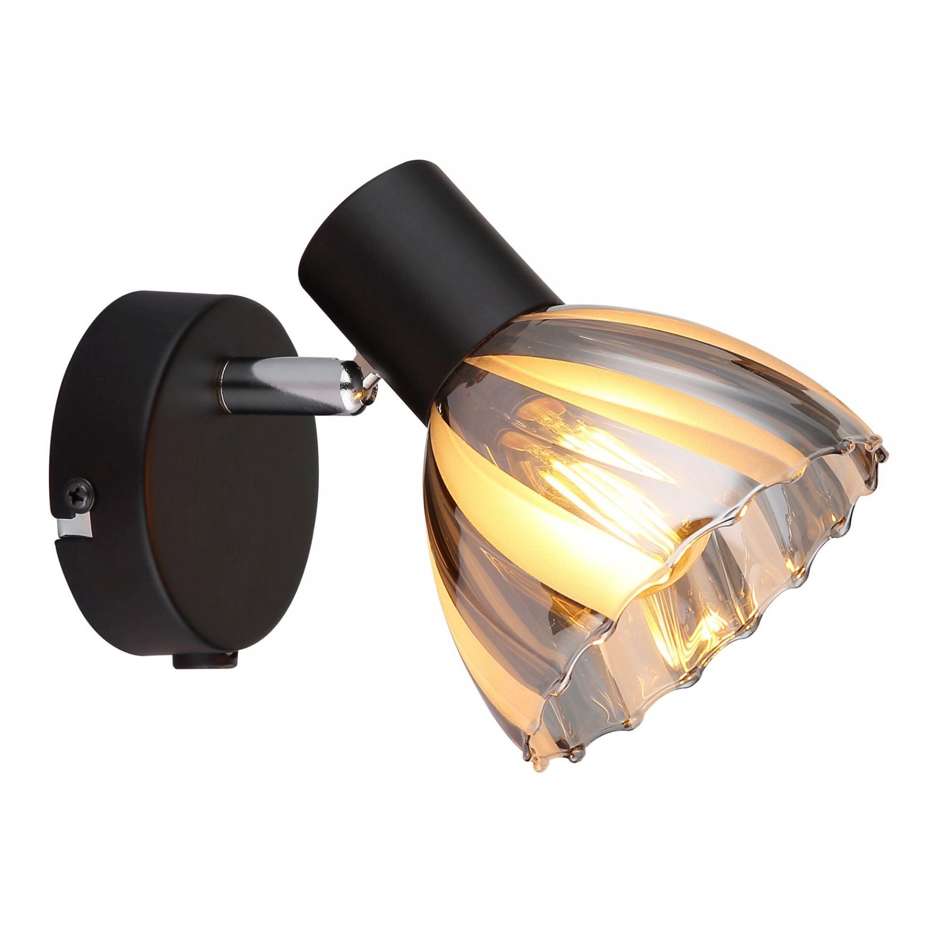Nowoczesna lampa ścienna z czarną podstawą i szklanym kloszem o spiralnym wzorze, emitująca ciepłe światło. Klosz jest przezroczysty z żółtymi akcentami.